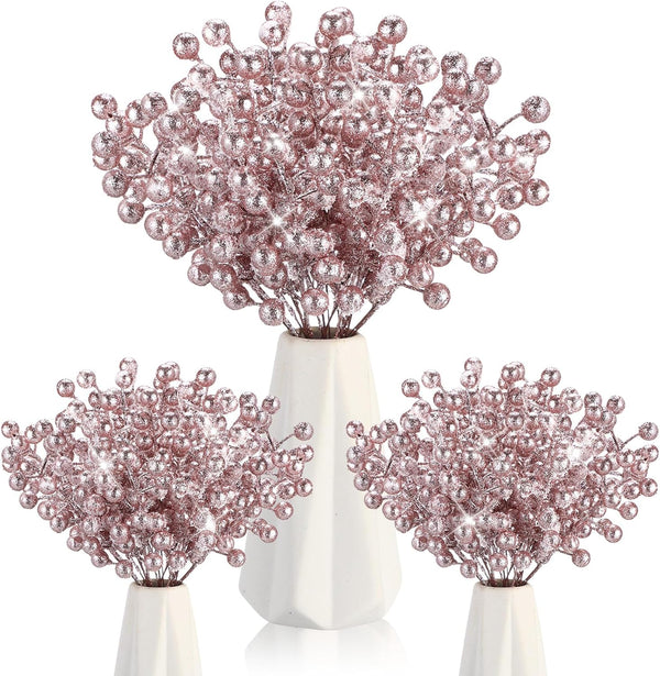 Geosar 30 Pieces Artificial Christmas Berry Picks with Snowflake Glitter Artificial Holly