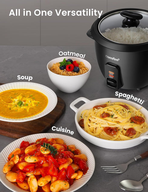 COMFEE' Rice Cooker, 6-Cup Cooked/3-Cup Uncooked, Black, Removable Non-Stick Bowl, One Touch for Soups, Stews, Grains