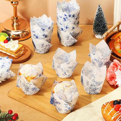 Gerrii 200 Pcs Chinoiserie Blue White Flower Cupcake Liners | Mini Baking Cups for Decoration