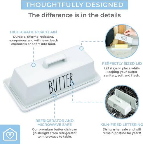 Heartland Home Porcelain Covered Butter Dish with Lid for Countertop - 7.6" x 3.8" Butter Holder Container with