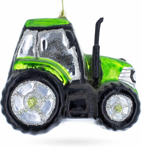 Rustic Green Tractor Blown Glass Christmas Ornament