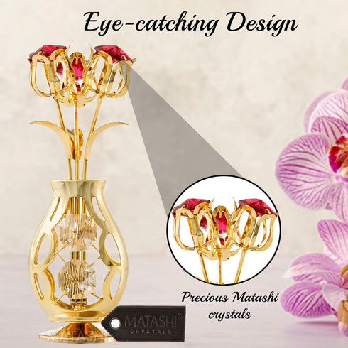 Matashi Gift for Mom - Flowers Bouquet Vase Ornament with Red and Clear Crystals, Home Decor Showpiece