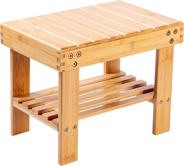 VaeFae Bamboo Small Seat Stool for Kids, Foot Rest Shaving Stool,Storage Shelf,