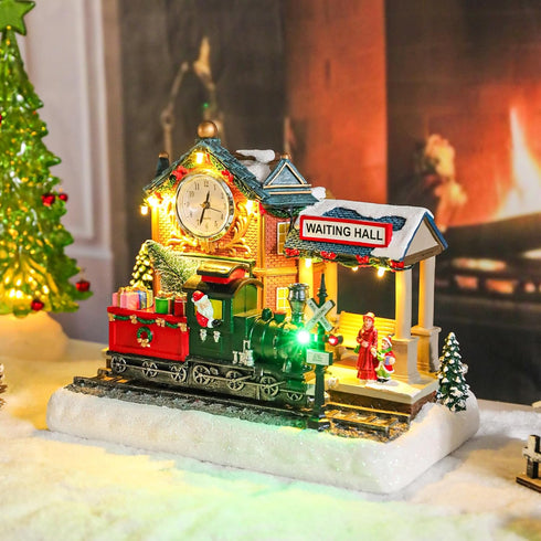 8 Vipush Christmas Village House Decorations Resin Railway Station Platform Home Decor Indoor Building Figurines