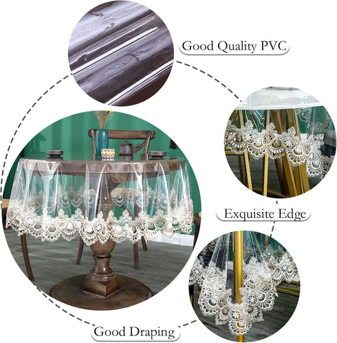 50 inch, Jeloris Plastic Clear Round Tablecloth Vinyl PVC Waterproof Tablecloth Embroidered Lace Edge Transparent Table