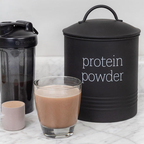 AuldHome Enamelware Protein Powder Canister (Black); Modern Farmhouse Style Storage for Kitchen