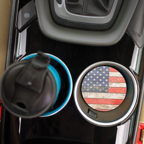 American Flag Distressed Wood Look, 2.75 x 2.75 Absorbent Ceramic Car Coasters, Pack of 2