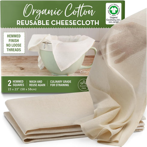 Organic Unbleached Cotton Cheesecloth for Straining, 2 Reusable Hemmed Squares, GOTS Certified, Large 23" x 23"