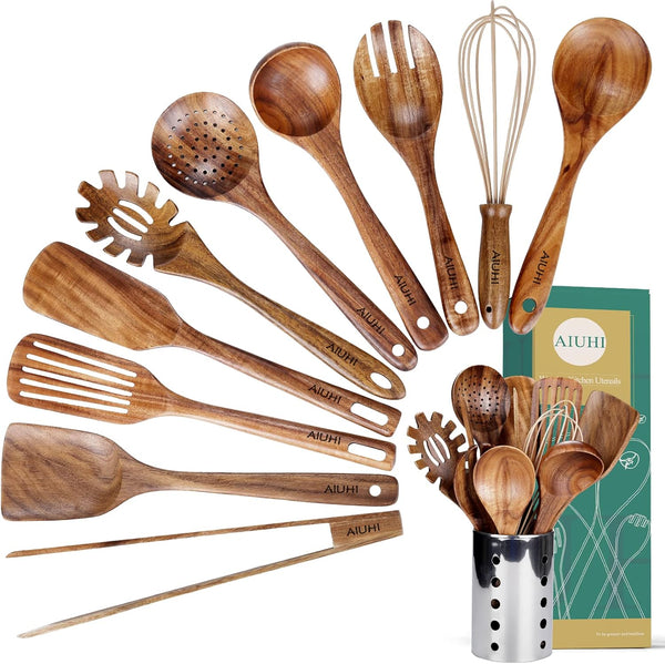 Kitchen Utensils Set with Holder, Wooden Cooking Utensils, Natural Teak Wood Spoons, Set with Spatula and Ladle (11)