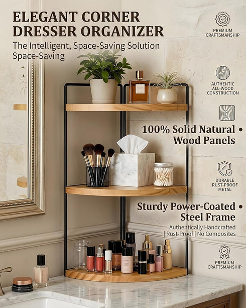 SwartLife Countertop 3-Tier Counter, Corner Bathroom Organizer, Corner Shelf for Vanity & Bathroom Rustic Wood Standing