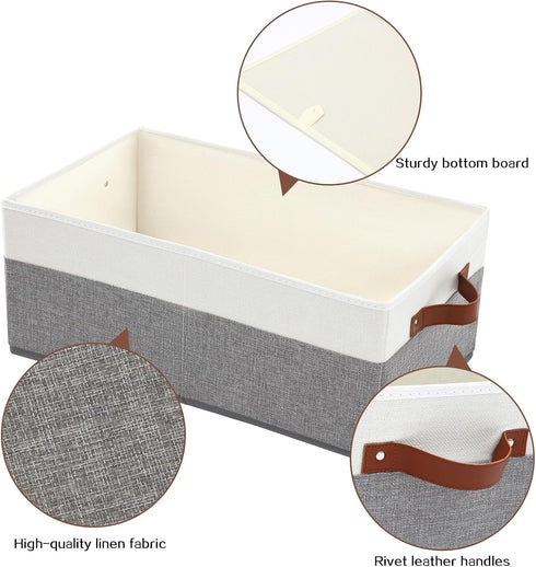 Closet Organizer Bins 3 Pack, Large Storage Bins for Shelves, Foldable with Leather Handles, Grey