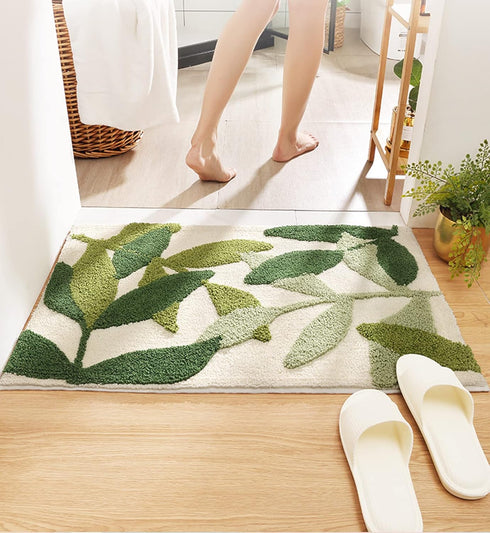 Green Leaves Bath Mats - Non-Slip Soft Microfiber Absorbent Doormat, Boho Carpet for Bathroom Floor