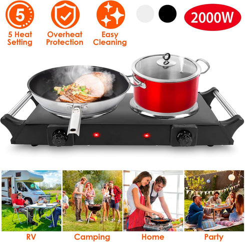 Electric Hot Plate, 2000W Double Burner with Adjustable Temperature & Handles, Black Stainless Steel Cooktop for Home