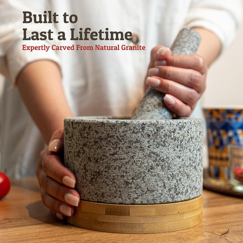 Heavy Duty Mortar and Pestle Set with Bamboo Base, Large 2 Cups, 100% Natural Granite Mortar and Pestle Large Stone Grinder Bowl, Molcajete Bowl, Masher Guacamole Bowls, Unpolished Grey by Priority Chef