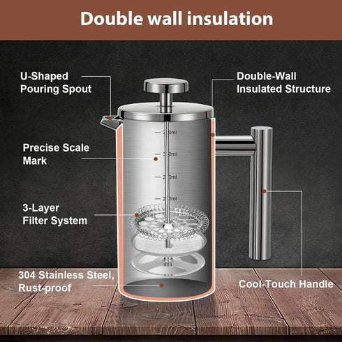 Small French Press Coffee Maker, Double-Wall Insulated, Stainless Steel, 350ML, 12 OZ, Includes 2 Extra Filters