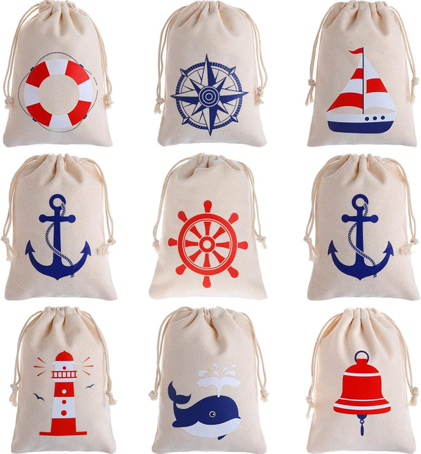 Shellwei 24 Pack Nautical Gift Bags Cotton Nautical Anchors Drawstring Bags Themed