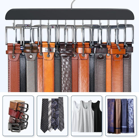 Belt Hanger for Closet Max 42 Belts, Sturdy Wood Belt Rack Closet Accessories with 14 Hooks Belt Organizer for Closet Organizers and Storage -Black 1 Pack by Resovo