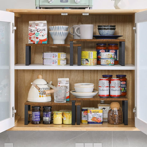 YMYNY Cabinet Shelf Organizer, Extendable Set of 2 Countertop Storage Racks for Kitchen, Rustic Brown
