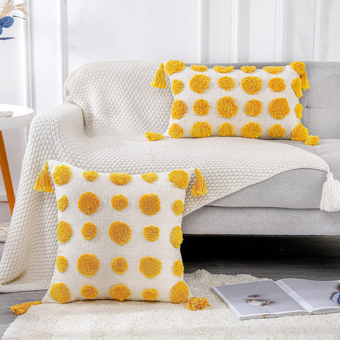 PANOD Super Soft Farmhouse Decorative Plush Throw Pillow Covers 12 x 20, Solid Pom Pom Tufted with Tassels (Yellow)