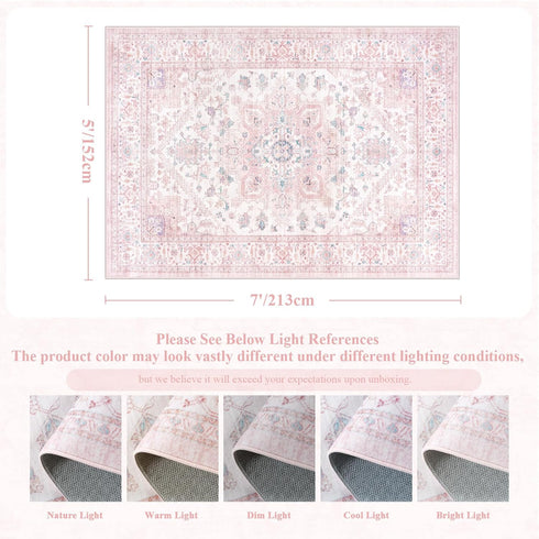 5x7 LIVEBOX Pink Washable Area Rug - Large Vintage Tribal Living Room Non-Slip Indoor Carpet for Bedroom, Low-Pile