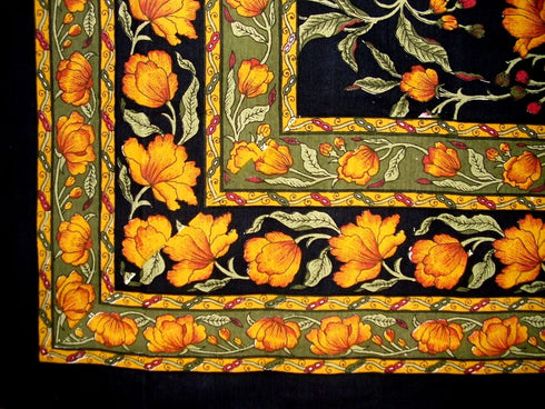 India Arts French Floral Square Cotton Tablecloth, 60" x 60", Amber on Black