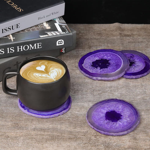 Set 4, Purple Agate Coasters of Natural Stone Drink Coasters with Unique Patterns, Decorative Table Coasters for Coffee