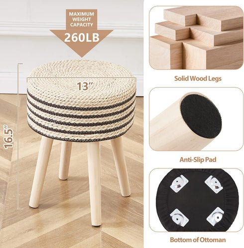 Cpintltr Round Ottoman Footstool Natural Seagrass Foot Stool Pouf Ottomans with Solid Wood Legs Hand Weave Hyacinth