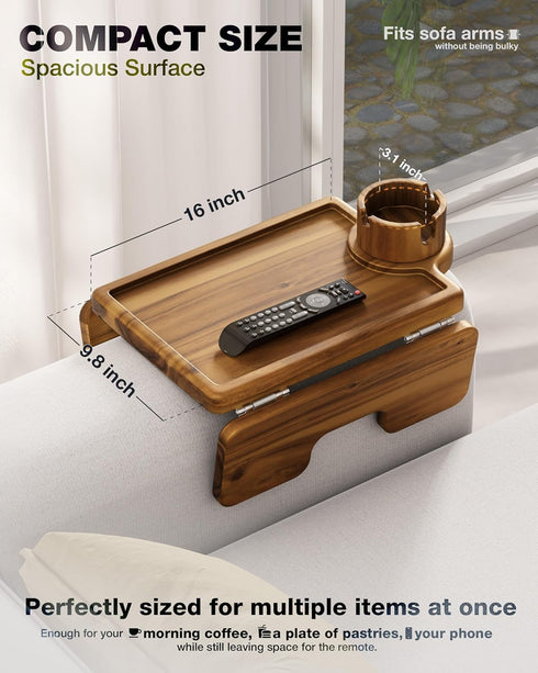 2-in-1 360 SS304 BLUEWEST Couch Cup Holder Tray & Sofa Arm Tray Large Acacia Wood Clip-On Side Table with Cup Holder on