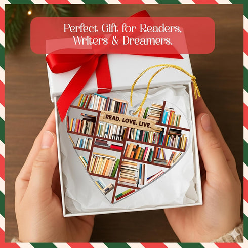 Book Lovers Gifts for Women-Book Ornament Heart Shaped Bookshelf Christmas Decoration with Read Love Live Quote Gifts