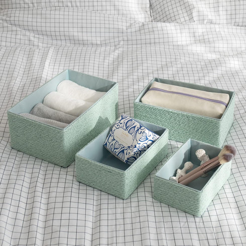 Storage Baskets Set of 4, Stackable Woven Paper Rope Bins for Makeup Closet Bathroom Bedroom (Light Green)