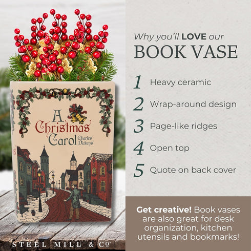 Steel Mill & Co Original Large Book-Shaped Decorative Vase, Ceramic Vases for Holiday Home Decor, Festive Bookshelf