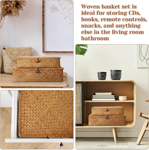 Set of 4 Seagrass Baskets with Lid - Decorative Storage Boxes with Lids for Shelf, Closet, Bedroom (Brown)