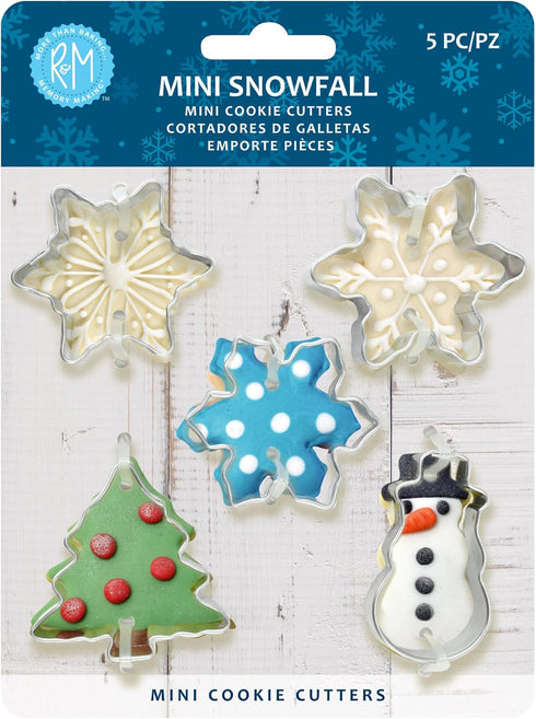 R&M International Mini Snowfall Cookie Cutters, 5-Piece Set, Snowman, Tree, 3 Snowflakes