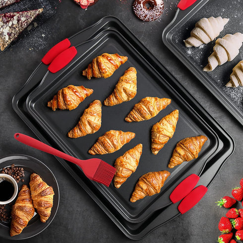 Baking Sheet Set, 3-Piece Cookie Sheet Set with Silicone Handles, Durable Nonstick Baking Pans for Oven