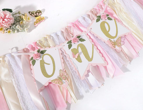 Agkvw 1st 1st Pink and Gold High Chair Banner- Floral and Butterfly One Highchair Banner, Birthday Party Decoration