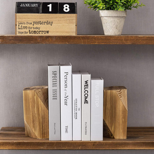 Set of 2 Rustic Burnt Solid Wood Geometric Style Bookends by MyGift