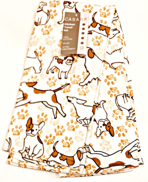Casaba Dog Lover 2-pc. Matching Towel Set with Adorable Dogs and Paw Prints | 100% Cotton