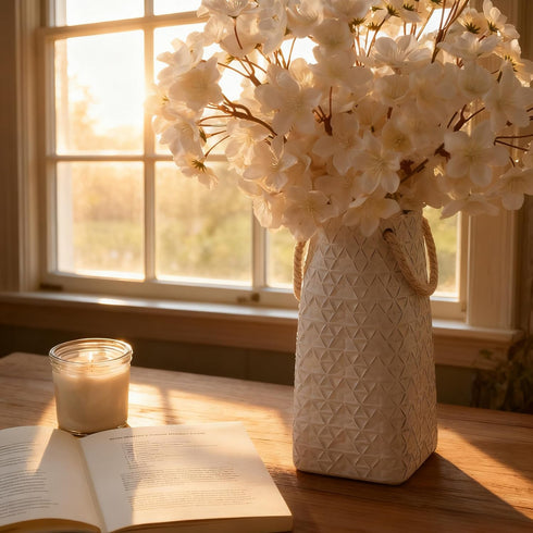 8.66 inch Vaseking Elegant White Petite Vase, Ceramic Modern Minimalism Geometric Texture Purse Vase with Hanging Rope