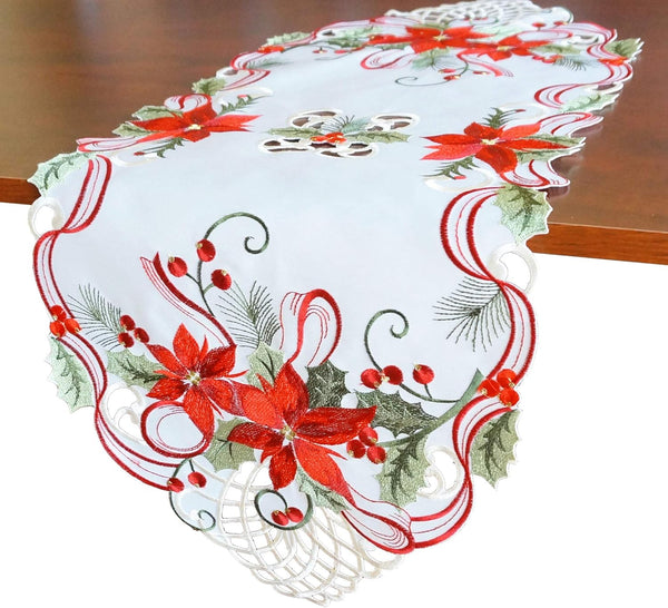 Holiday Christmas Table Runner, 13"x34", Cutwork Embroidered Floral Dresser Scarf for Home Dining