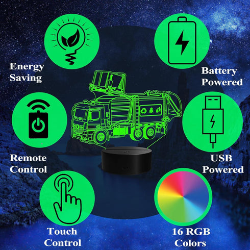 3D 16 4 Dimmable, Garbage Truck Night Light, Garbage Truck Gifts, Illusion Lamp with Remote Control, RGB Colors