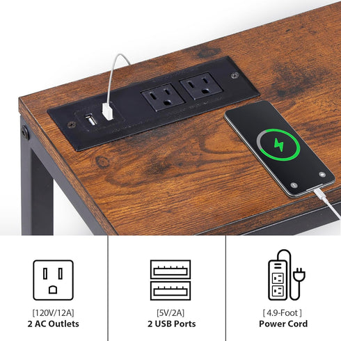 Nouva 70 Inch Narrow Console Table with Outlet, Sofa Table with Charging Station, Behind Couch Table with Metal Frame
