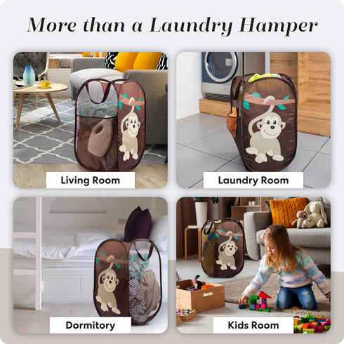 Handy Laundry Collapsible Mesh Pop Up Hamper with Wide Opening and Side Pocket for Clothes and Storage (Monkey)