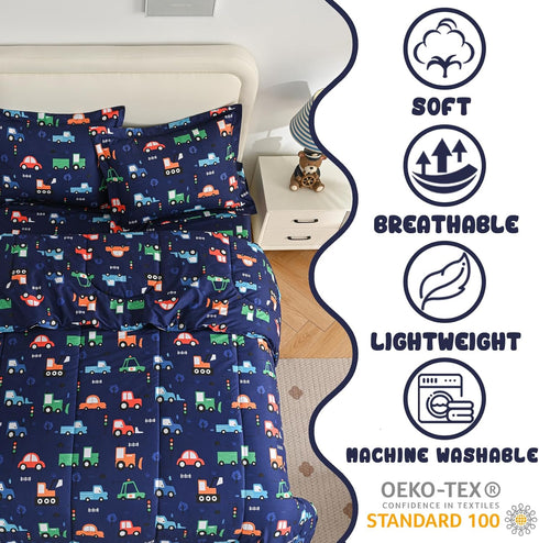 Set Set Set 2 Yibeizi Car Kids Comforter for Boys Twin, Cute Reversible Quilted Navy Blue Printed Construction Toddler