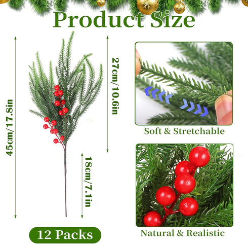 12Pcs Christmas Norfolk Pine Stems with Red Berries, Real Touch Artificial Norfolk Pine Branches for Vase,DIY Crafts
