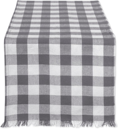 DII Heavyweight Fringed Check Table Runner, 14x108, Gray - Tabletop Collection
