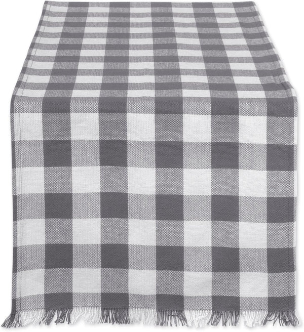 DII Heavyweight Fringed Check Table Runner, 14x108, Gray - Tabletop Collection