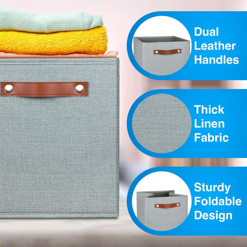 Pomatree 11 Inch Cube Storage Bin - 6 Pack, Linen Fabric Bins for Bedroom, Living Room, Clothes, Toys, Foldable, Silver