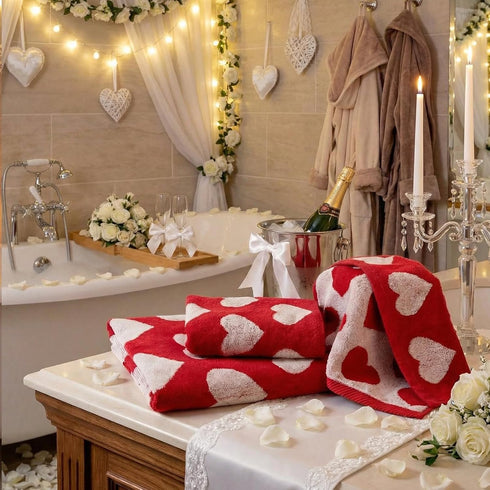 6 Pack Set, Peryiter Cotton Heart Bath Towel Red Heart Embroidered Bathroom Towels for Couples, Soft Absorbent