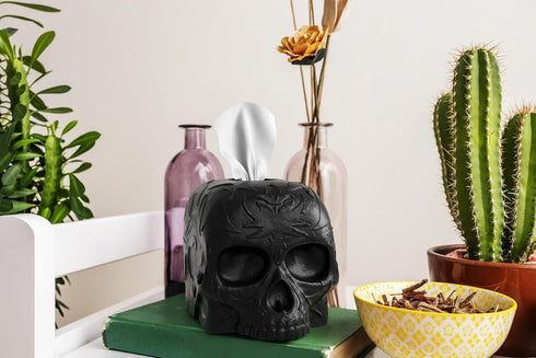 Skull Tissue Box Cover Square Black, Gothic Home Decor, Fits Most Square Tissue Boxes, Office Desk Organizer