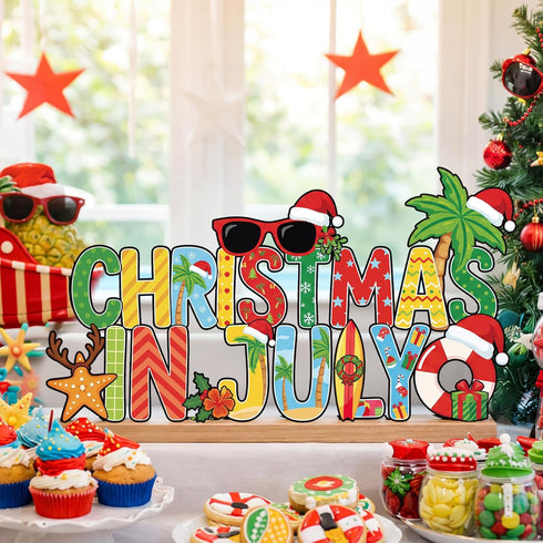 Summer Roowest Metal Christmas in July Sign Tabletop Decor Christmas Table Centerpiece Tropical Tiered Tray Decoration